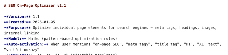 Ukázka popisu agenta SEO On-Page Optimizer